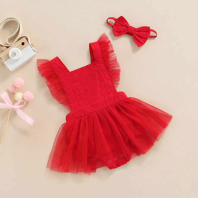 KMK - Red Tulle Romper + Headband Set