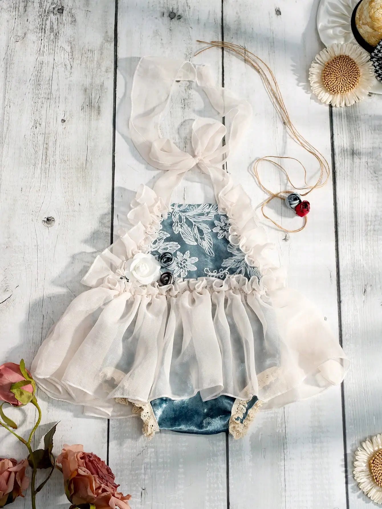 KMK - Rose Lace Chiffon Romper+Headband