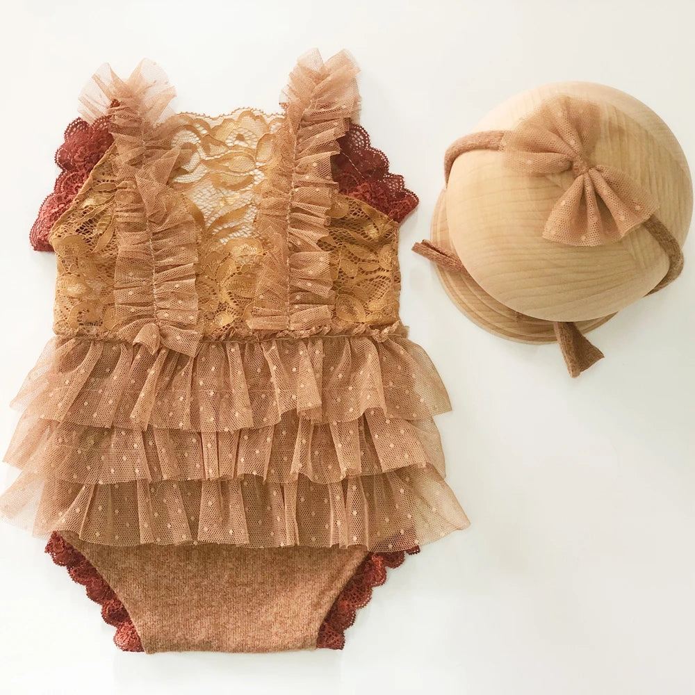 KMK - Ruffle Newborn Romper + Lace Trim Headband