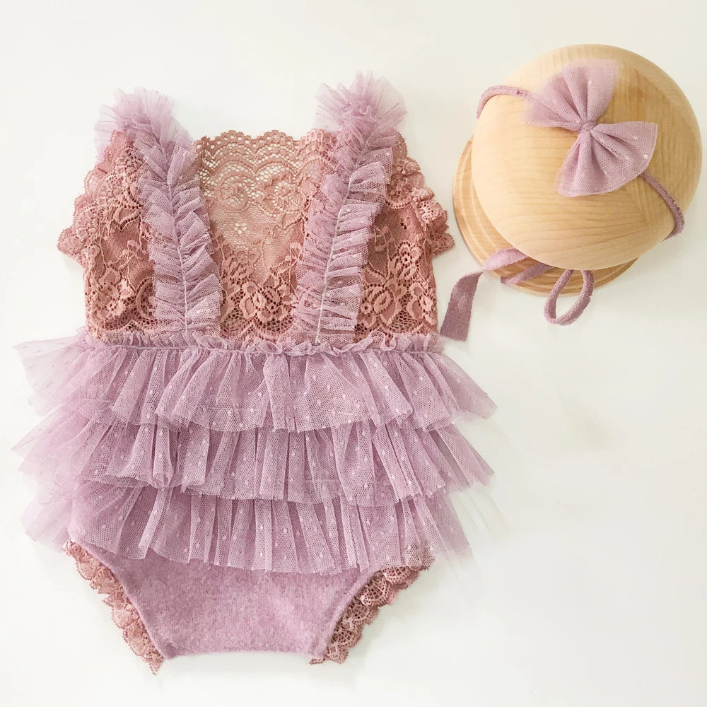 KMK - Ruffle Newborn Romper + Lace Trim Headband