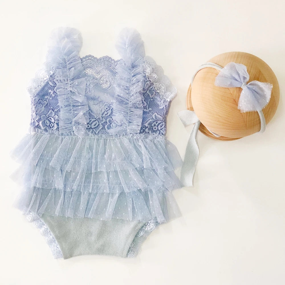 KMK - Ruffle Newborn Romper + Lace Trim Headband