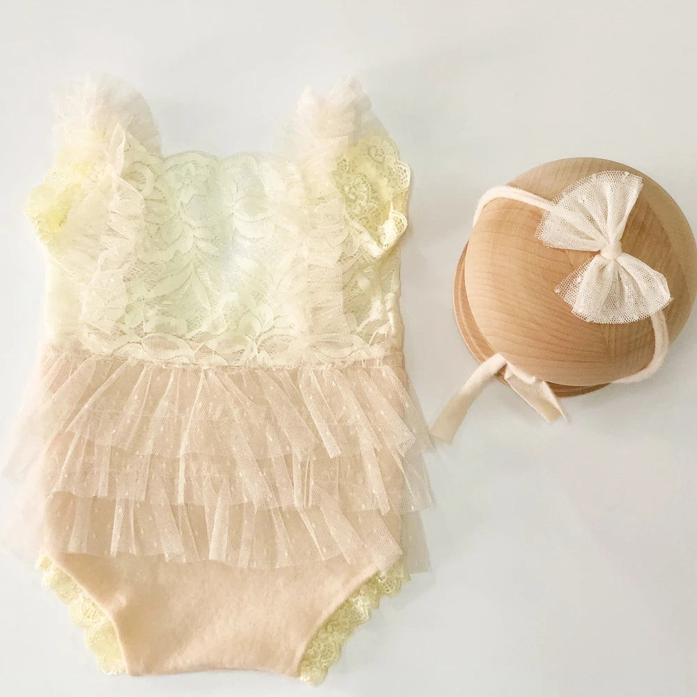 KMK - Ruffle Newborn Romper + Lace Trim Headband