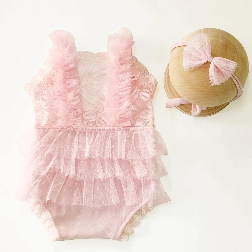 KMK - Ruffle Newborn Romper + Lace Trim Headband