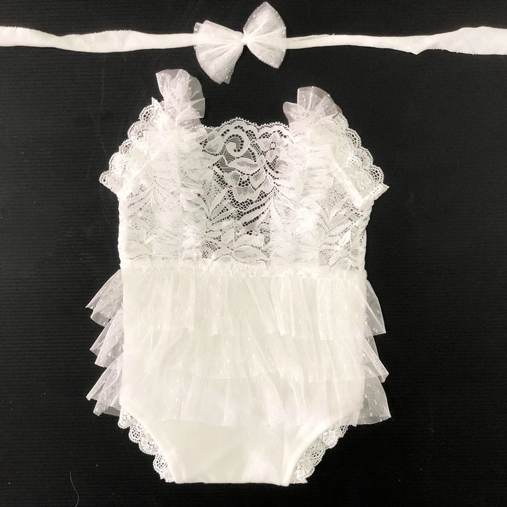 KMK - Ruffle Newborn Romper + Lace Trim Headband