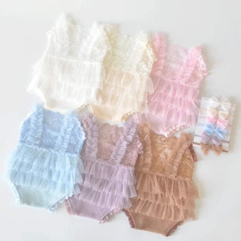 KMK - Ruffle Newborn Romper + Lace Trim Headband