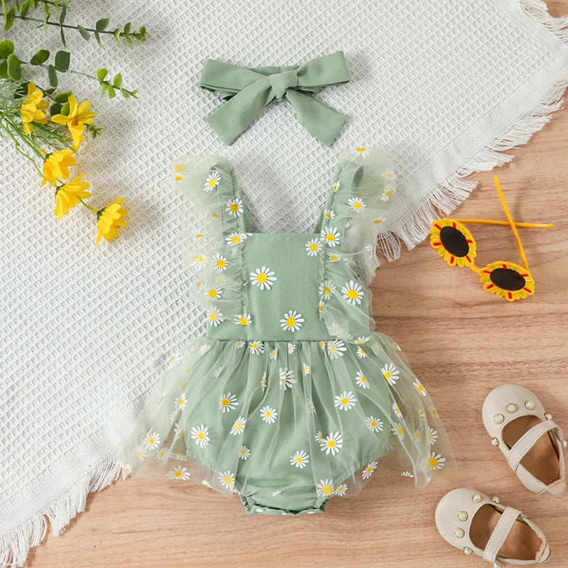 KMK - Ruffle Sleeve Daisy Print Romper Dress With Headband