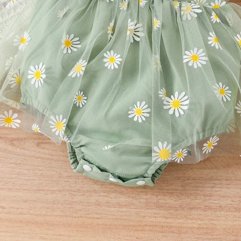 KMK - Ruffle Sleeve Daisy Print Romper Dress With Headband