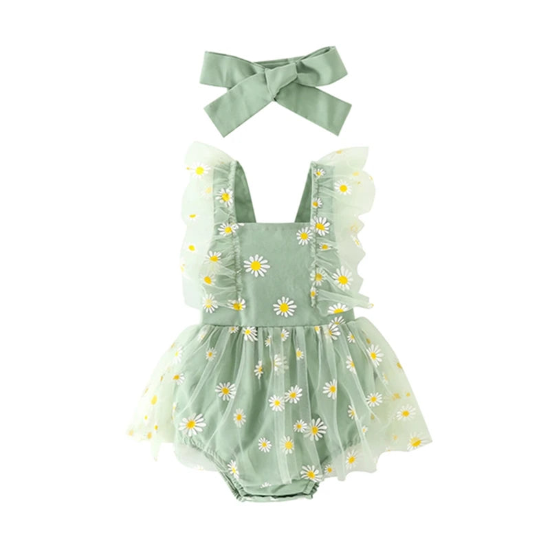 KMK - Ruffle Sleeve Daisy Print Romper Dress With Headband