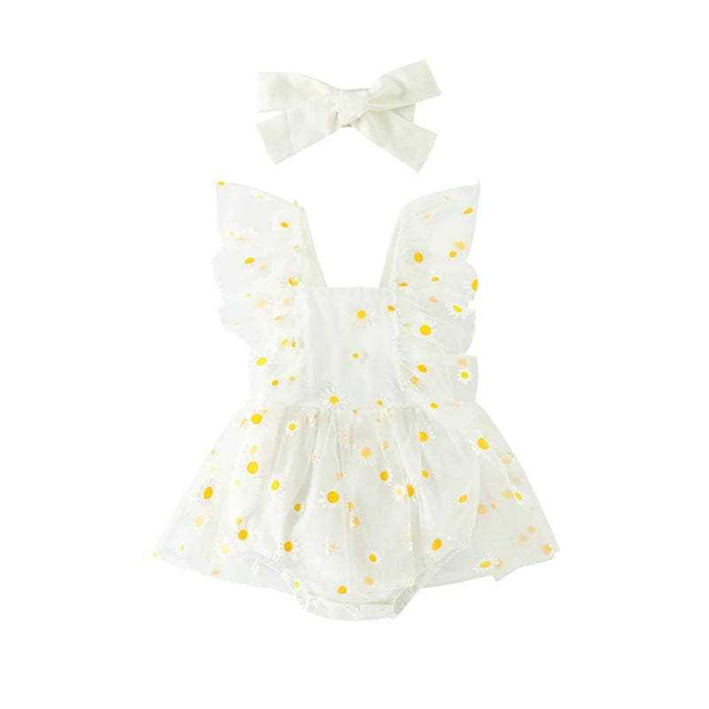 KMK - Ruffle Sleeve Daisy Print Romper Dress With Headband