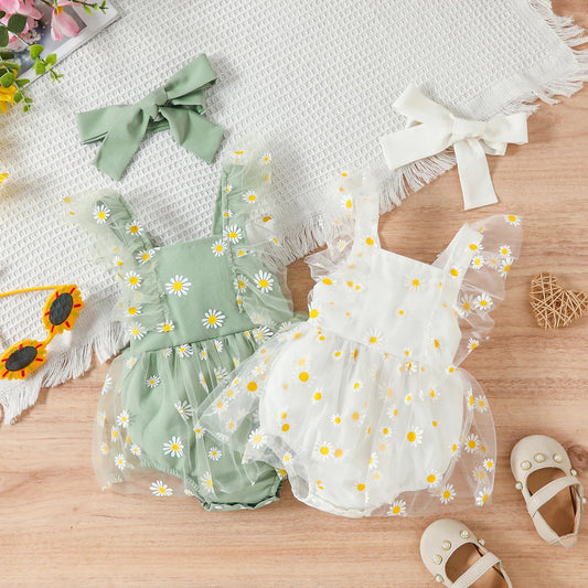 KMK - Ruffle Sleeve Daisy Print Romper Dress With Headband