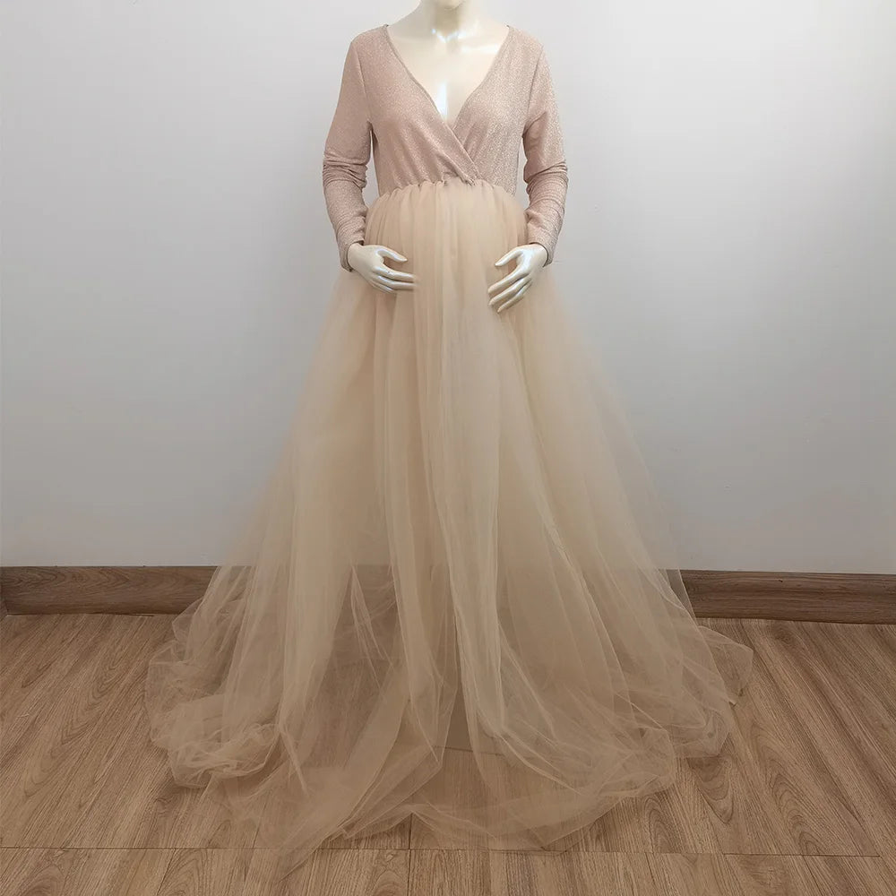 KMK - Ruffled Floor Length Long Tulle Gown