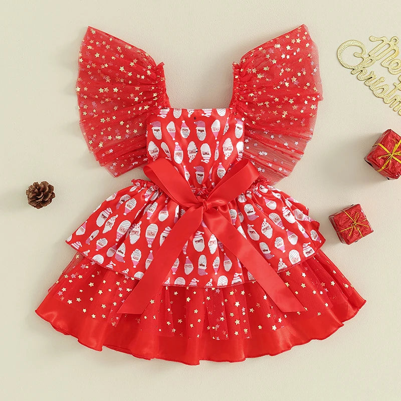 KMK - Santa Claus Stars Print Tulle Christmas Dress