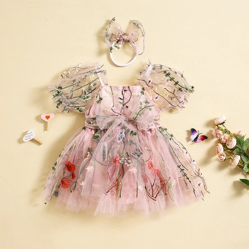 KMK Short Puff Sleeve Flower Embroidery Tulle Romper Dress + Headband