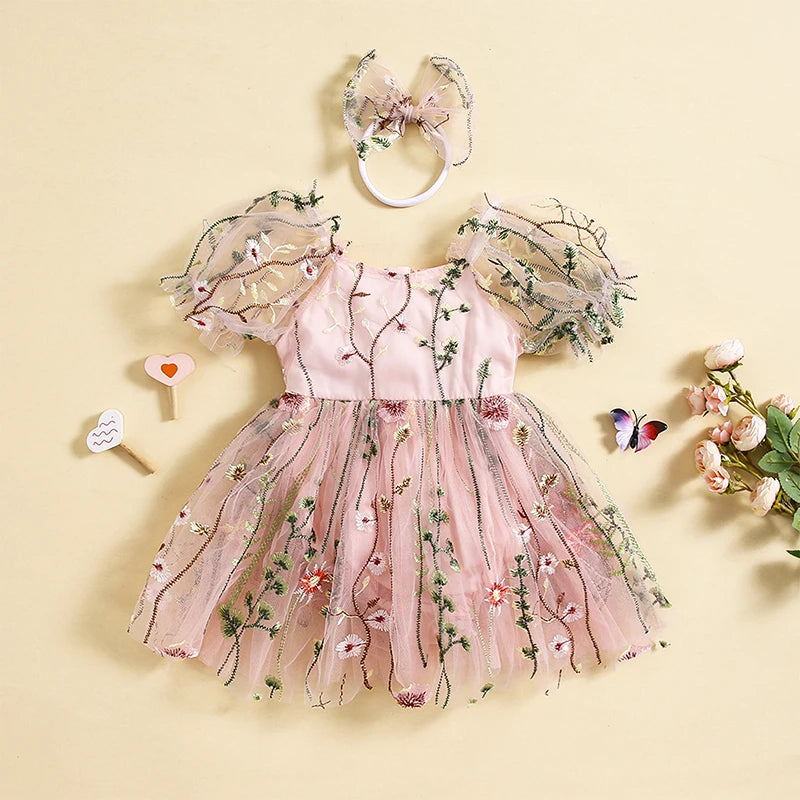 KMK Short Puff Sleeve Flower Embroidery Tulle Romper Dress + Headband