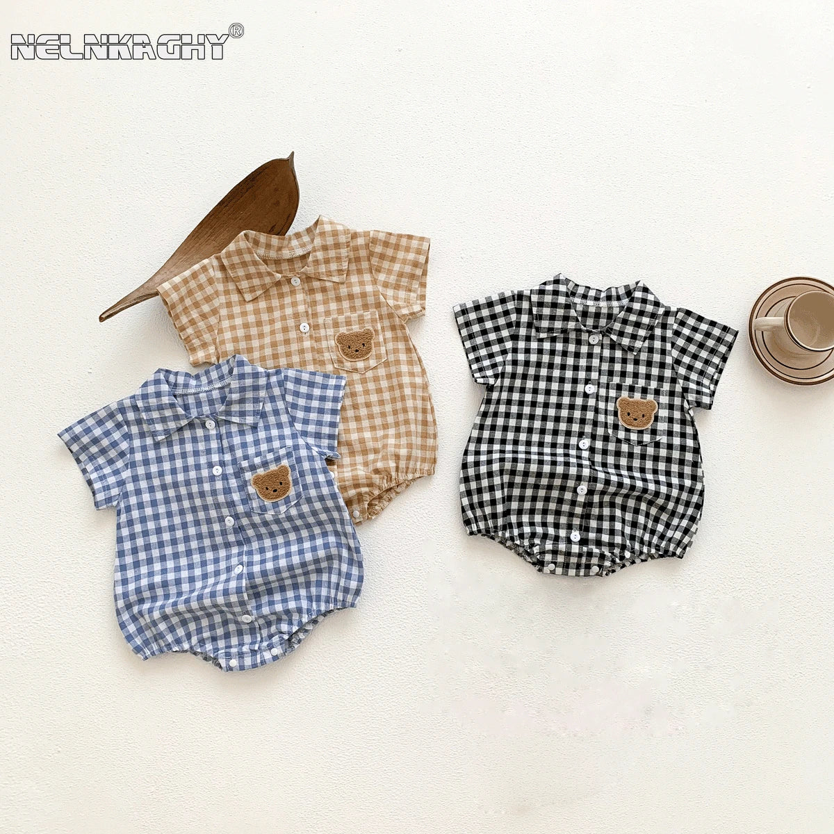 KMK - Short Sleeve Plaid Embroidery Bear Romper