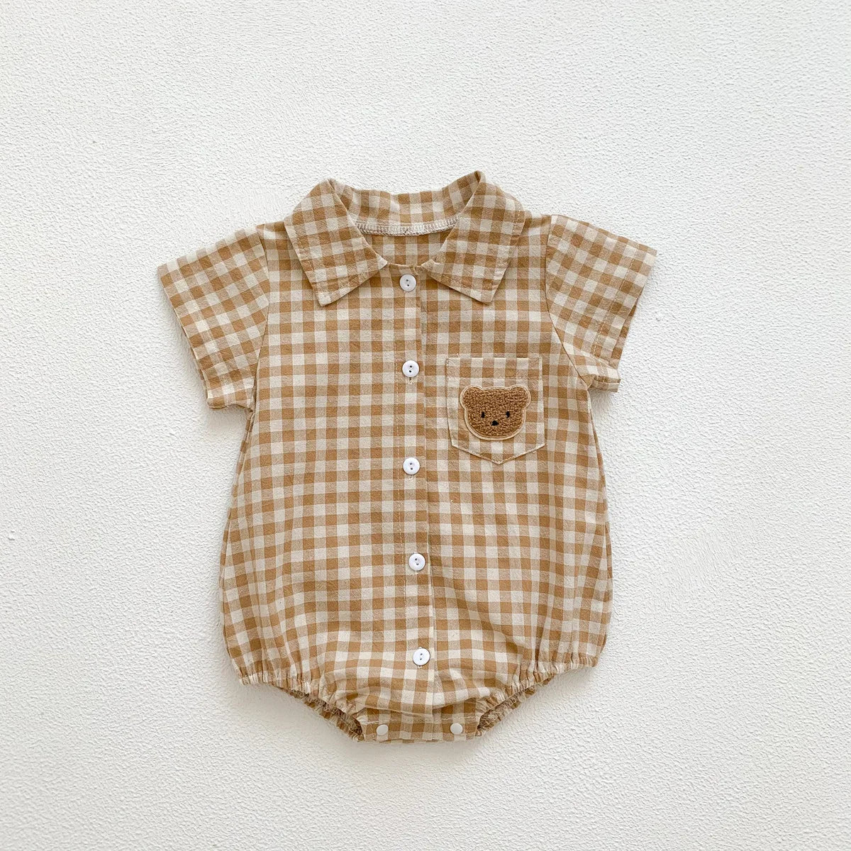 KMK - Short Sleeve Plaid Embroidery Bear Romper