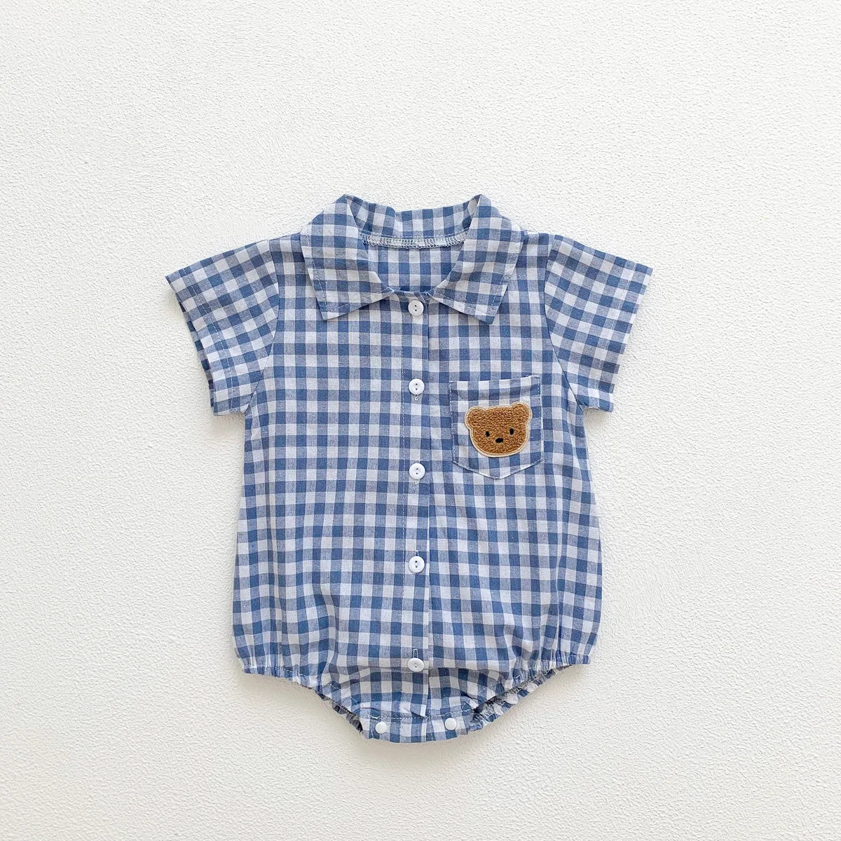 KMK - Short Sleeve Plaid Embroidery Bear Romper