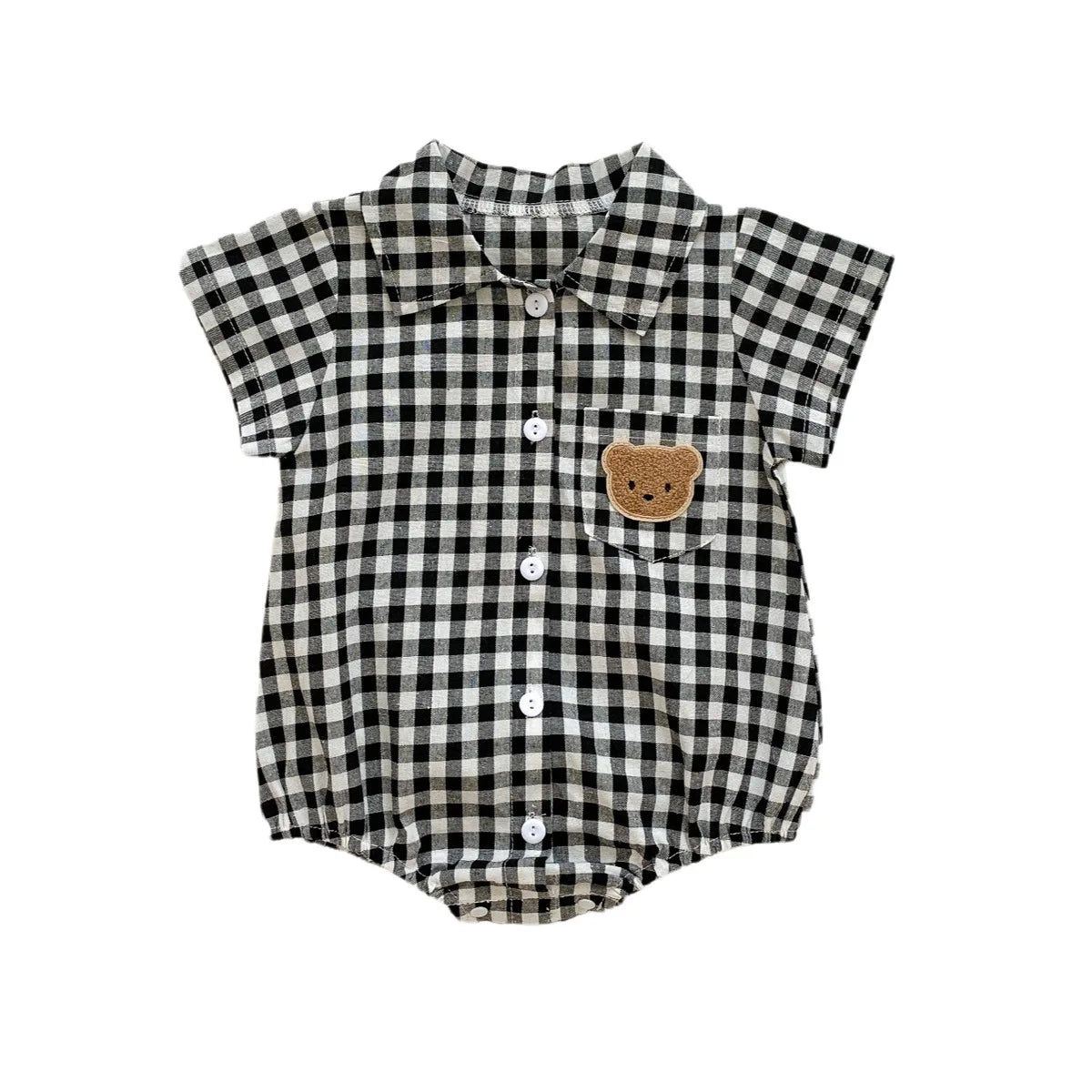 KMK - Short Sleeve Plaid Embroidery Bear Romper