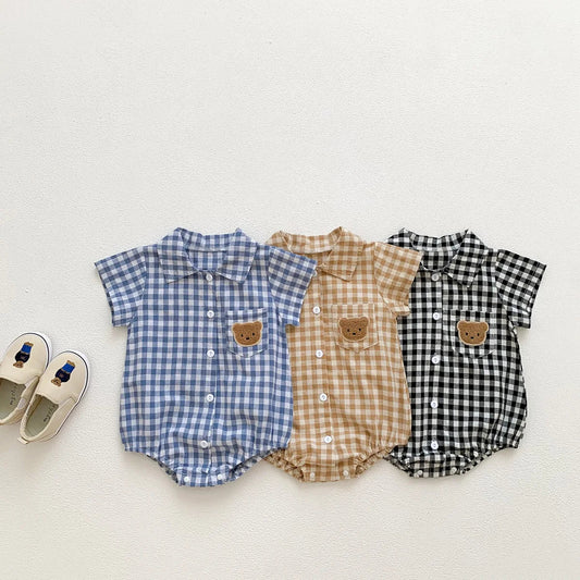 KMK - Short Sleeve Plaid Embroidery Bear Romper