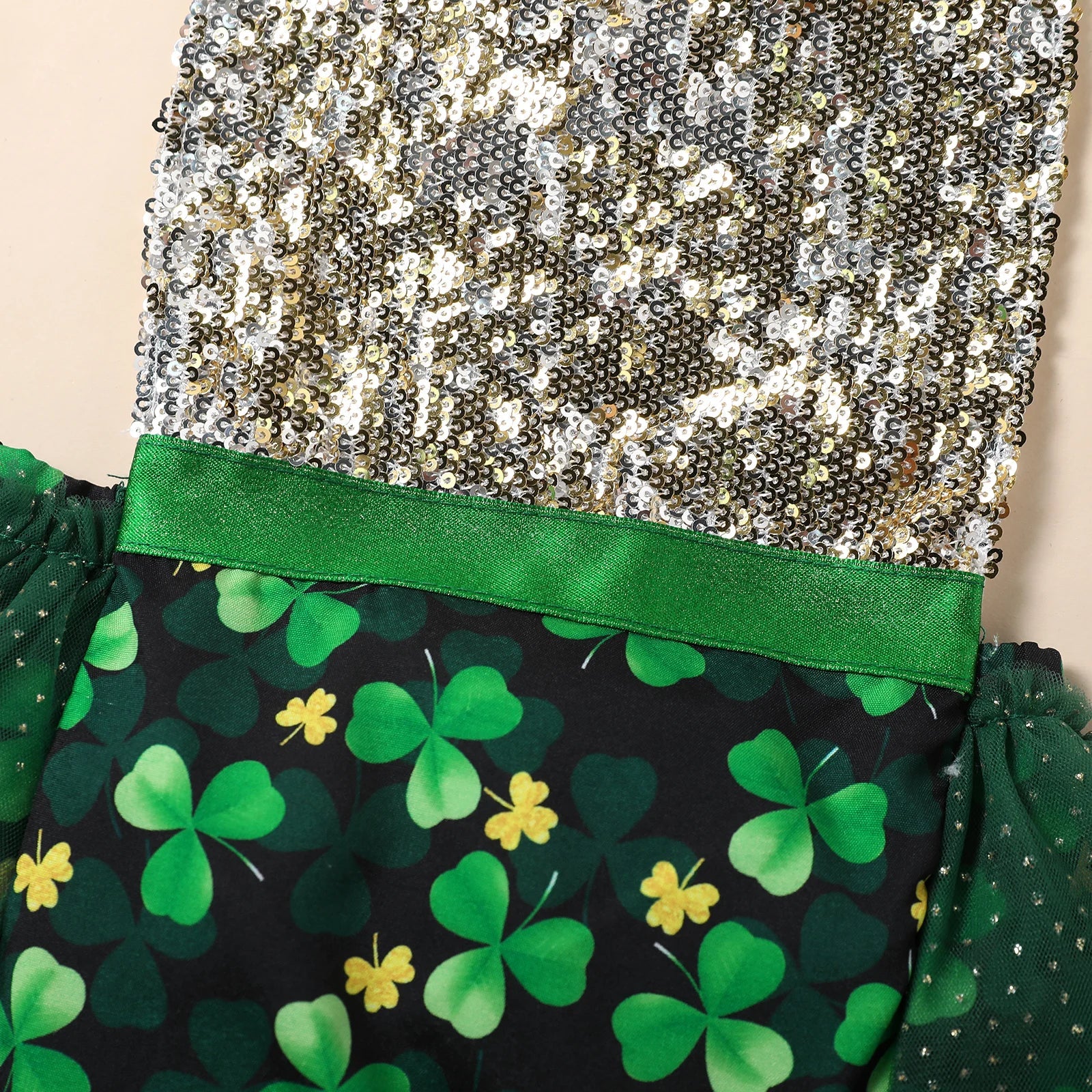 KMK - Sleeveless Clover Print Sequins Lace Tutu Romper + Hairband