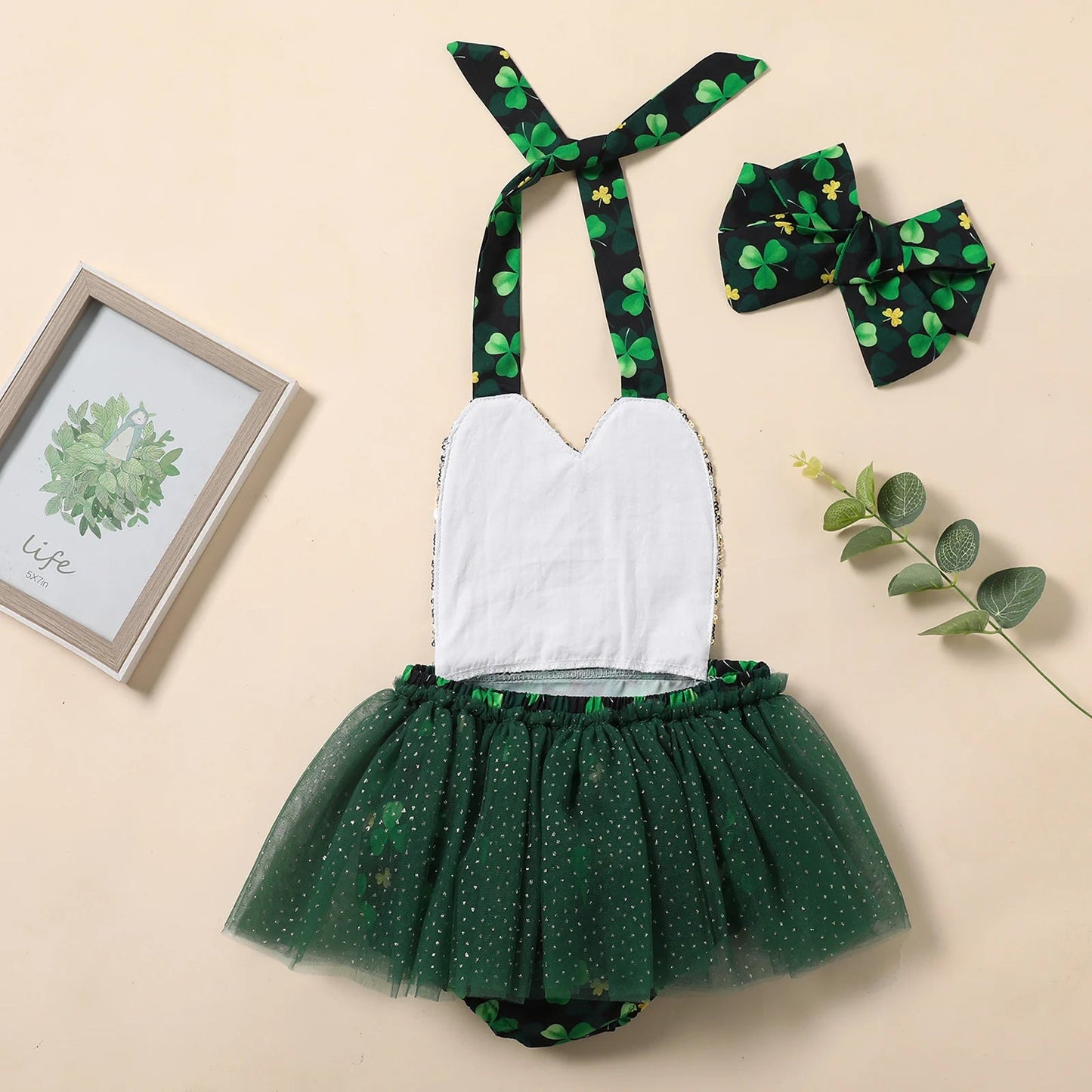 KMK - Sleeveless Clover Print Sequins Lace Tutu Romper + Hairband