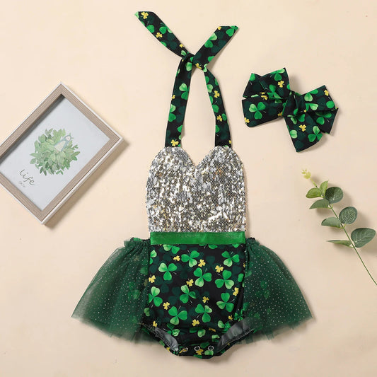 KMK - Sleeveless Clover Print Sequins Lace Tutu Romper + Hairband