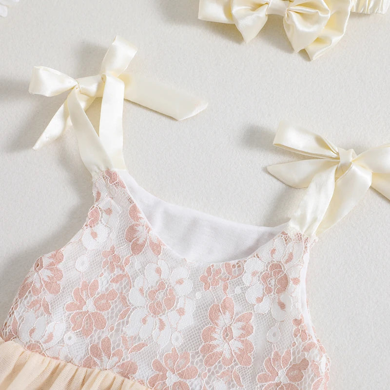 KMK - Sleeveless Floral Lace Tutu Romper + Headband