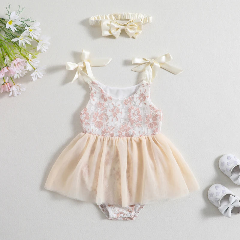 KMK - Sleeveless Floral Lace Tutu Romper + Headband