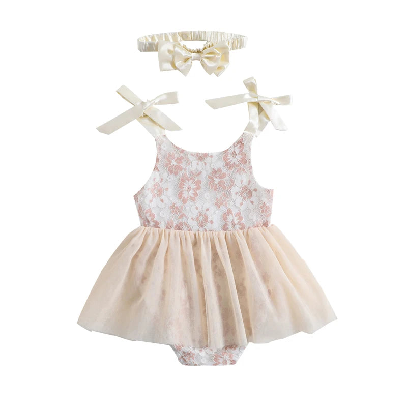 KMK - Sleeveless Floral Lace Tutu Romper + Headband