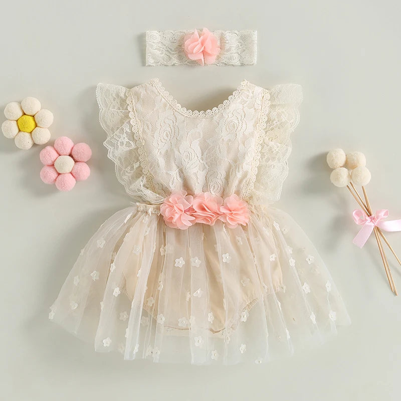 KMK - Sleeveless Lace Romper Dress + Headband Set