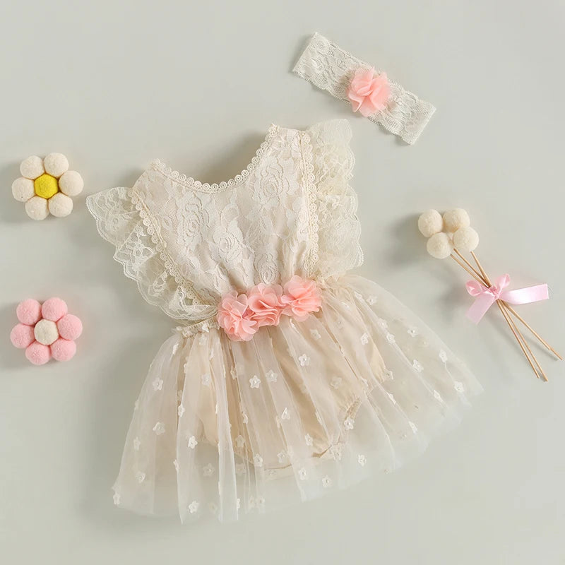 KMK - Sleeveless Lace Romper Dress + Headband Set