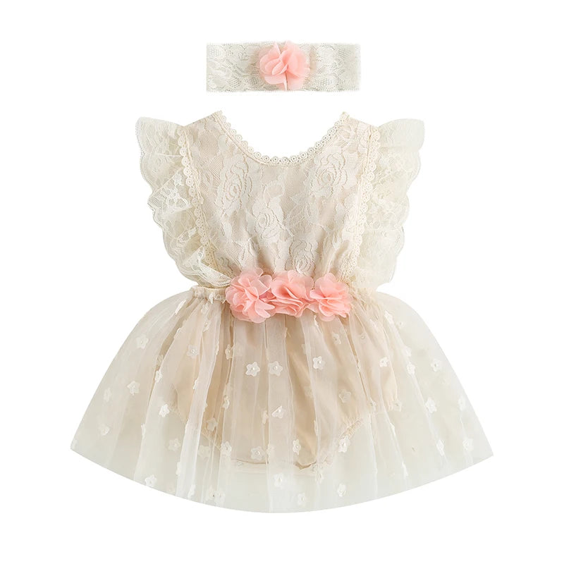 KMK - Sleeveless Lace Romper Dress + Headband Set