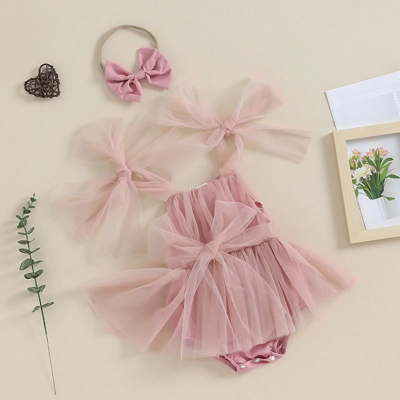 KMK - Sleeveless Tulle Romper Dress + Headband