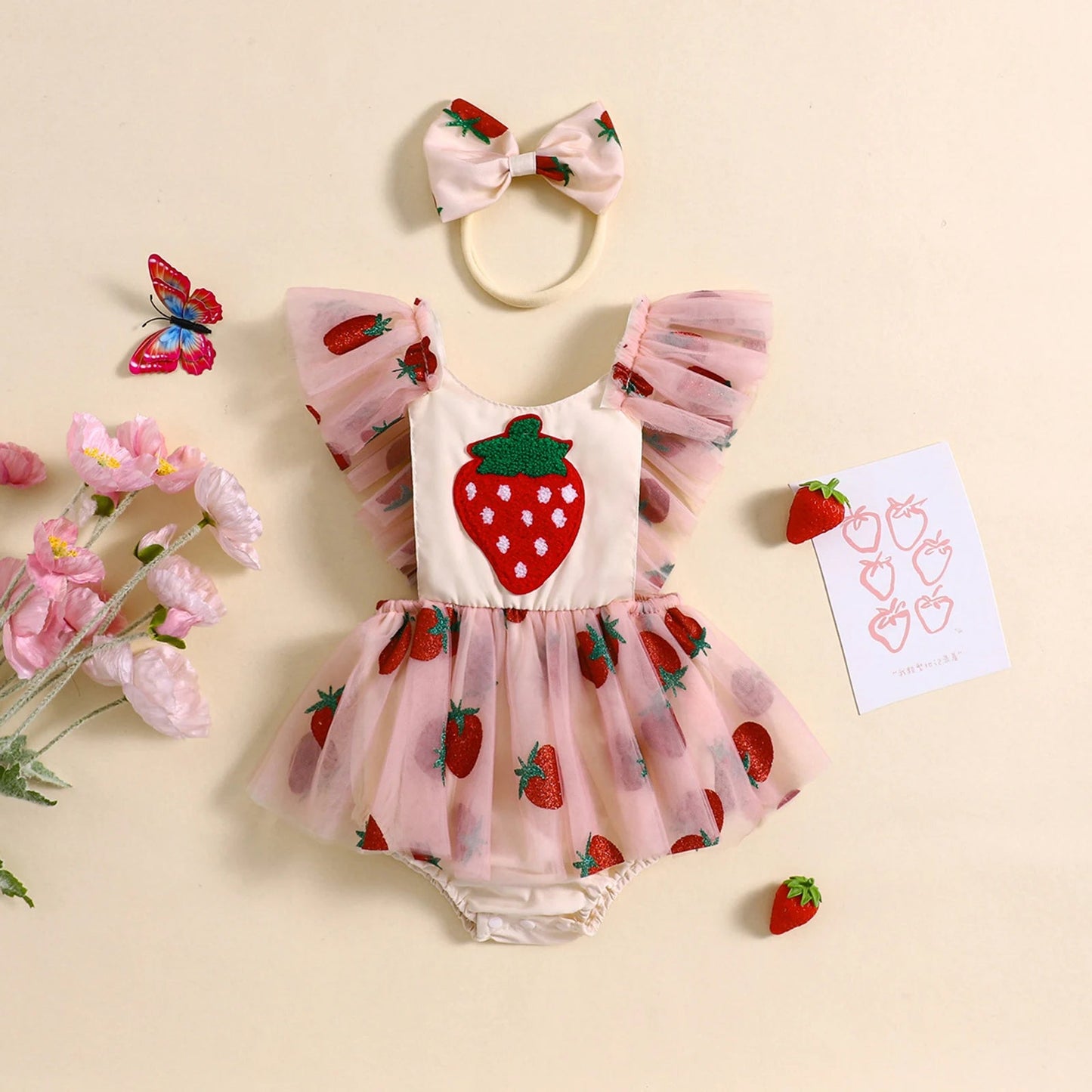 KMK - Strawberry Embroidery Tulle Romper Dress + Headband