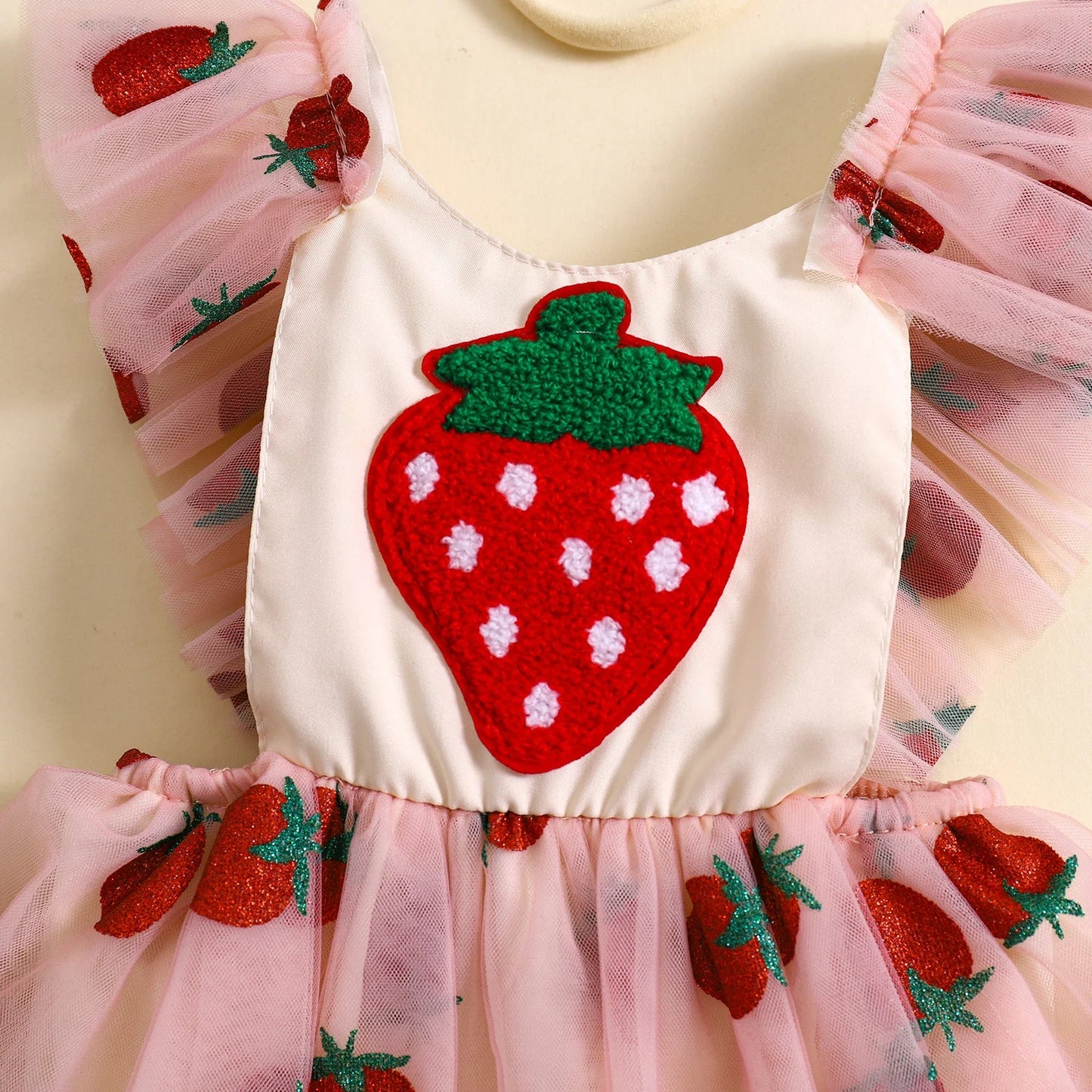 KMK - Strawberry Embroidery Tulle Romper Dress + Headband