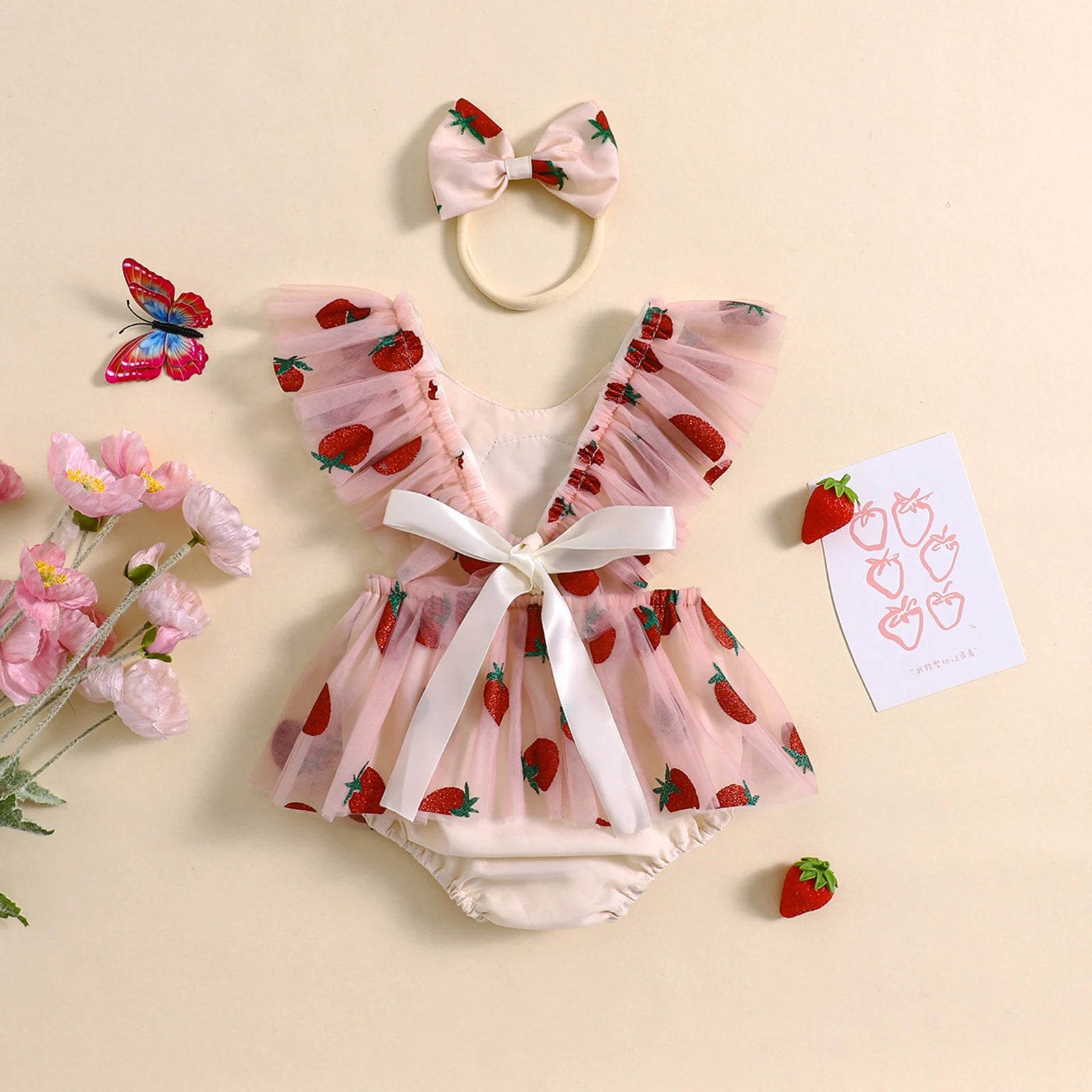 KMK - Strawberry Embroidery Tulle Romper Dress + Headband