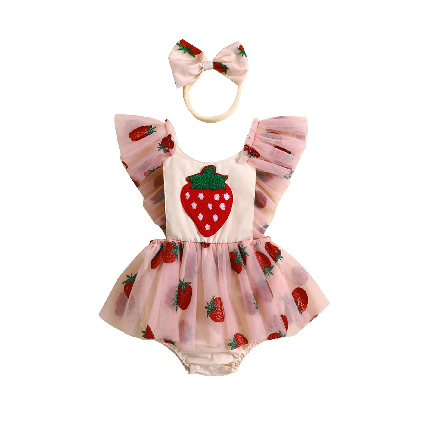 KMK - Strawberry Embroidery Tulle Romper Dress + Headband