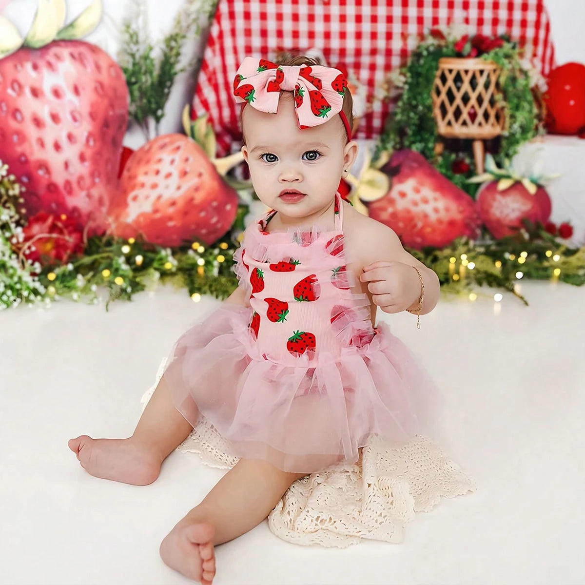 KMK - Strawberry Print Mesh Romper + Headband