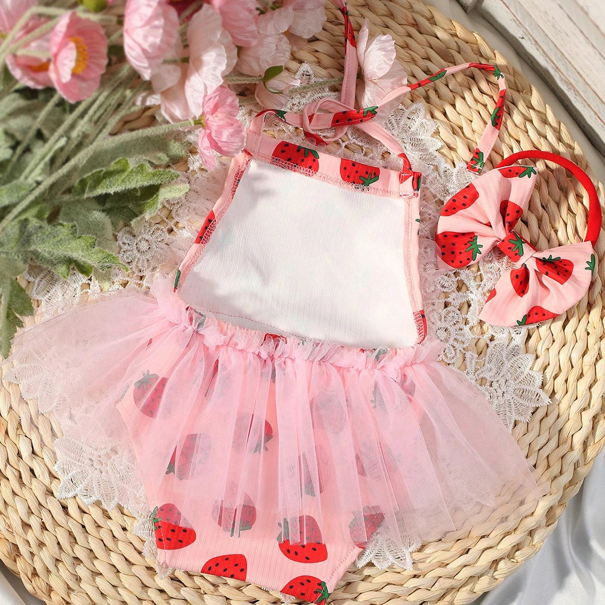 KMK - Strawberry Print Mesh Romper + Headband