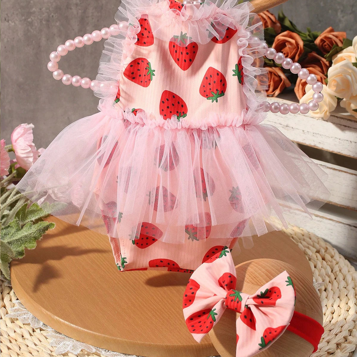 KMK - Strawberry Print Mesh Romper + Headband