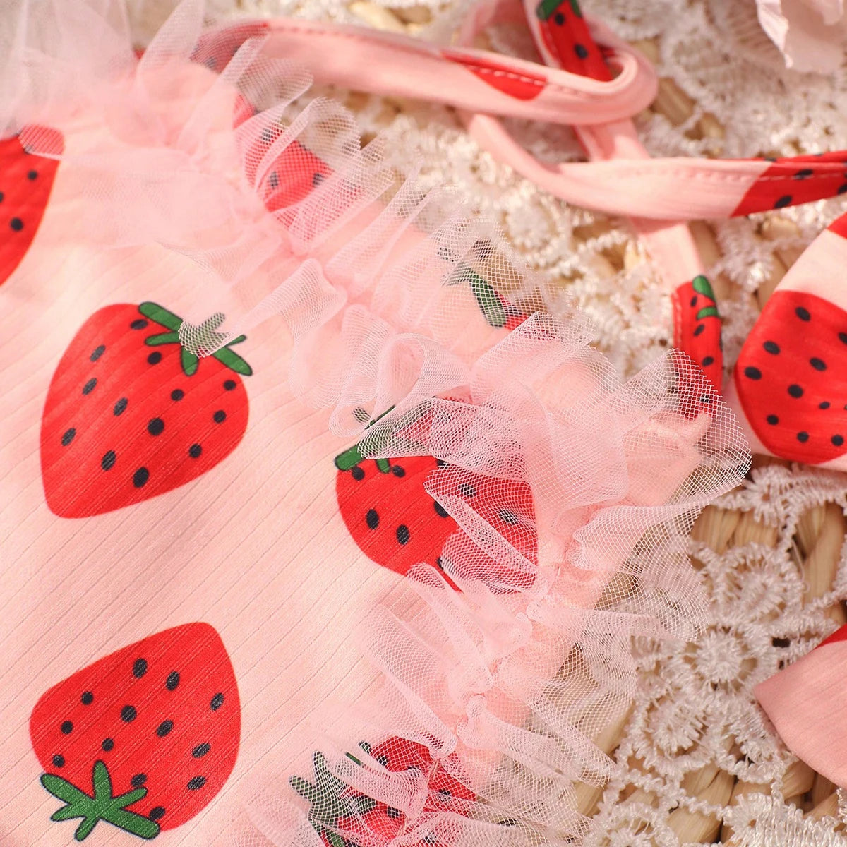 KMK - Strawberry Print Mesh Romper + Headband