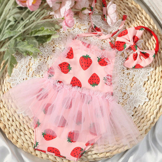 KMK - Strawberry Print Mesh Romper + Headband