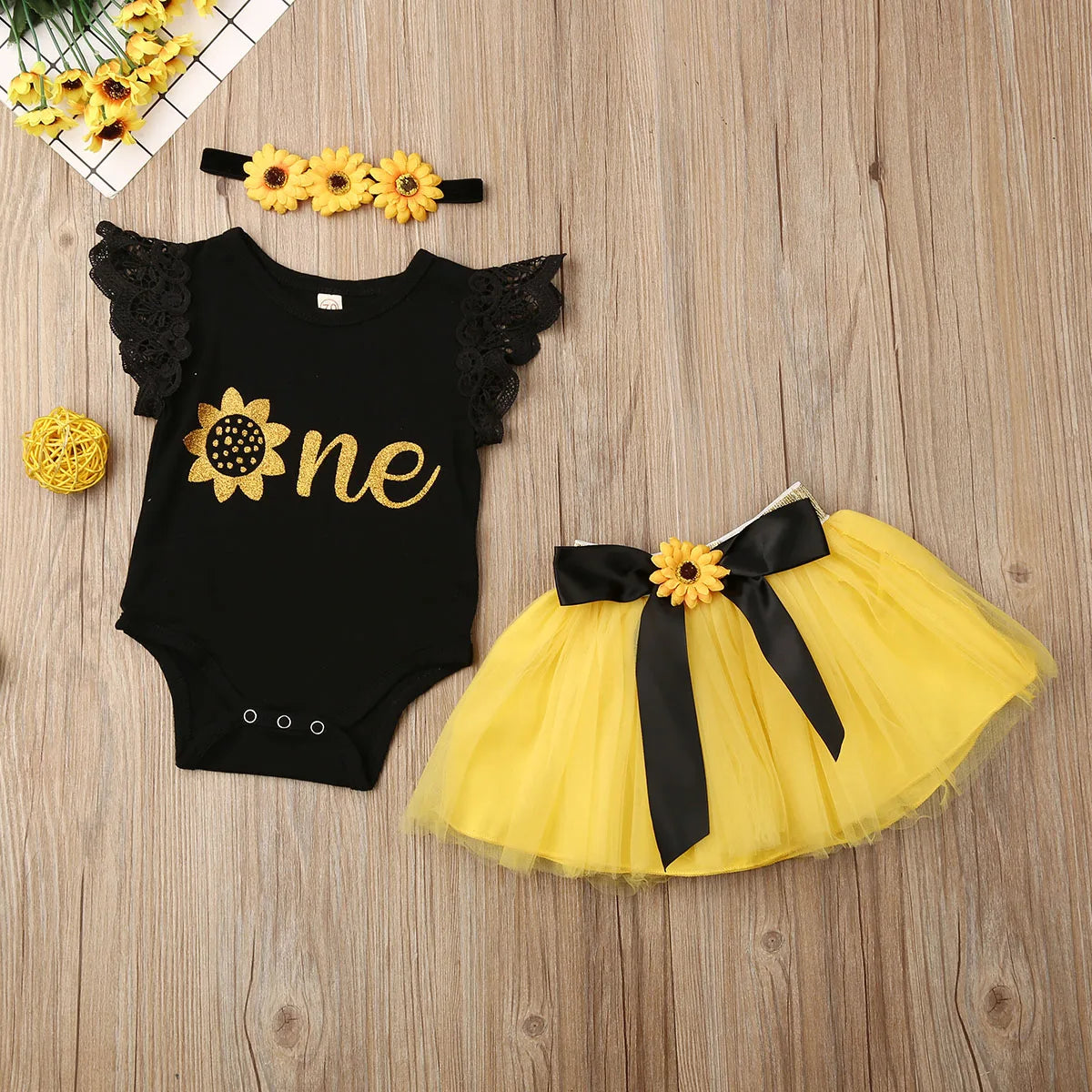 KMK - Sunflower Romper + Tutu + Headband