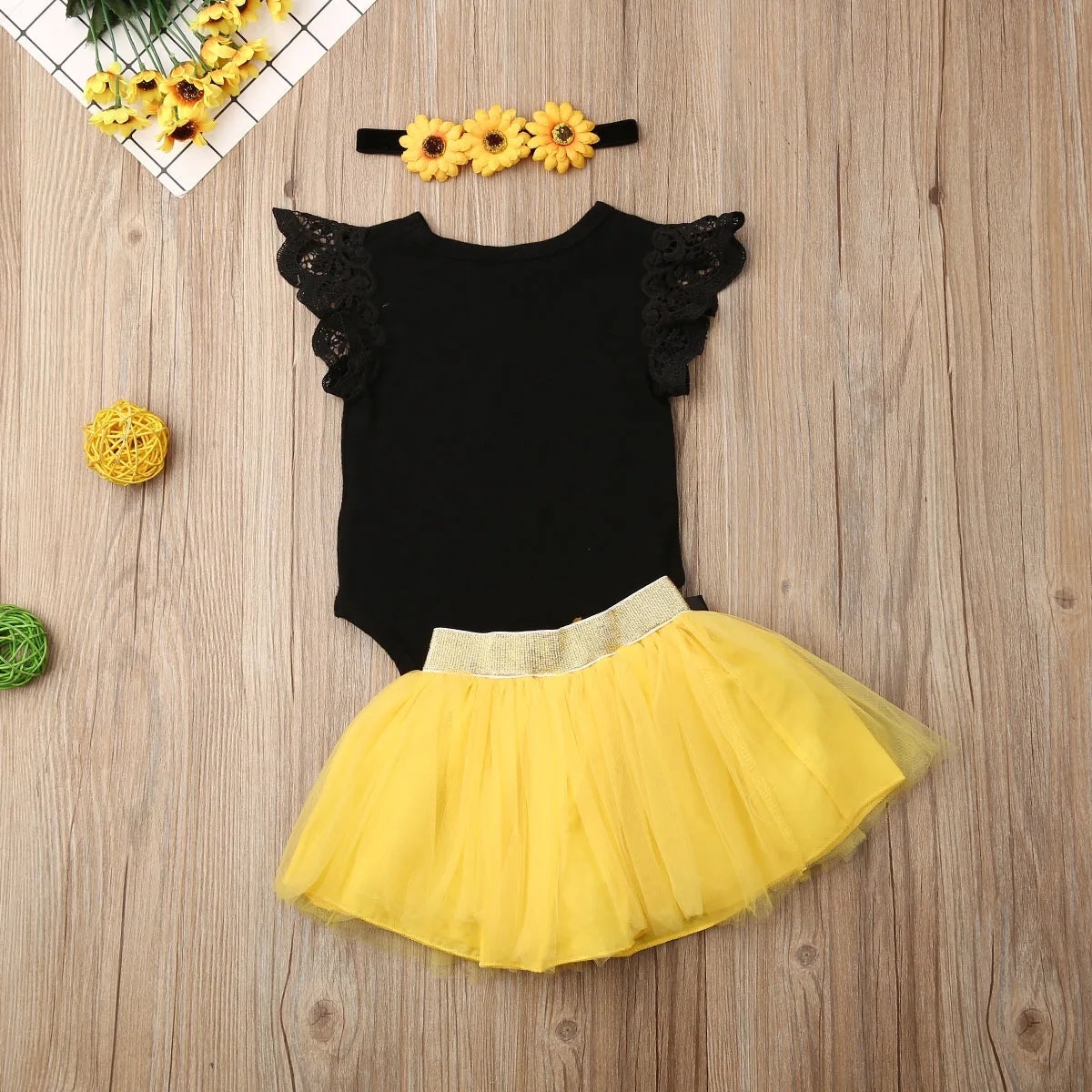 KMK - Sunflower Romper + Tutu + Headband