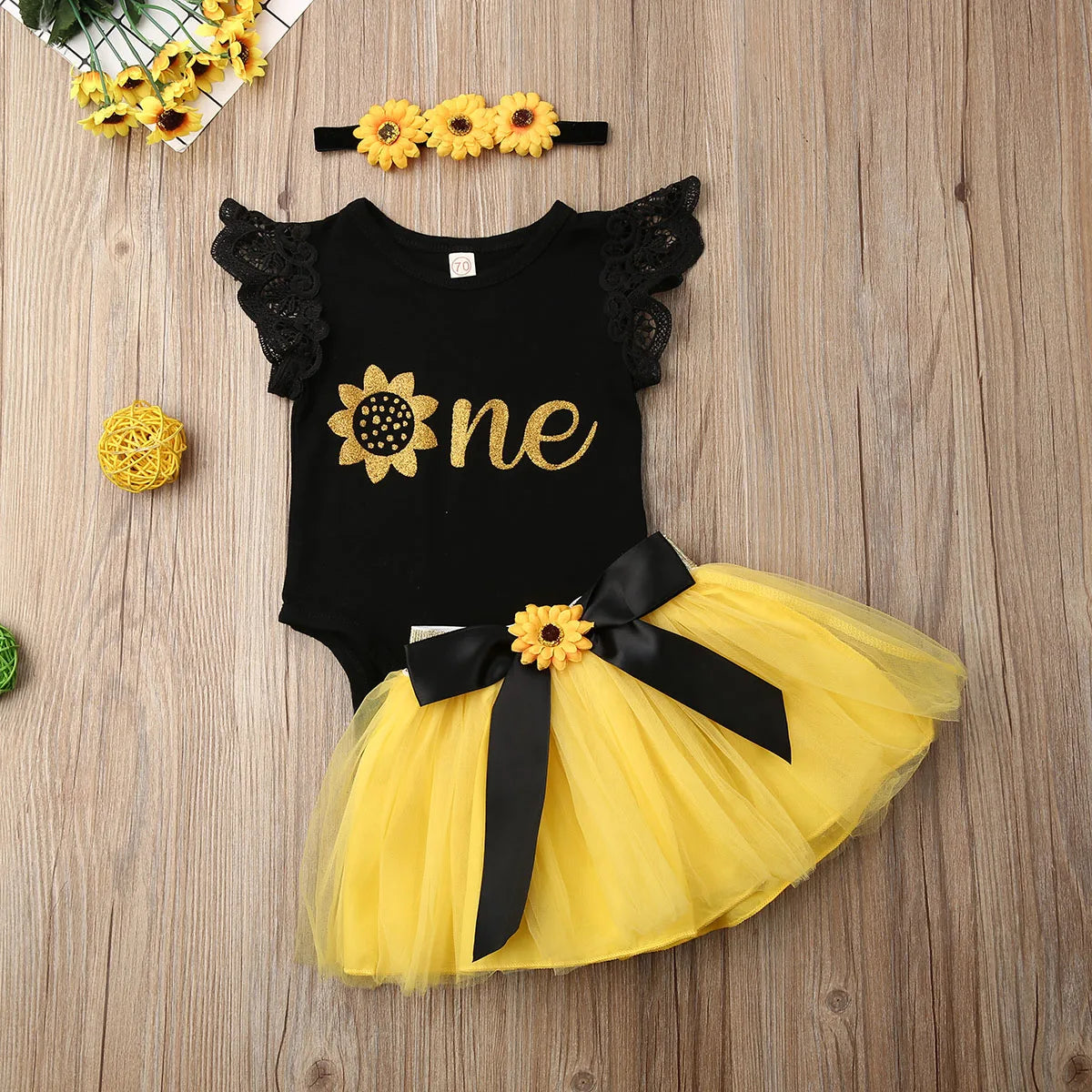 KMK - Sunflower Romper + Tutu + Headband