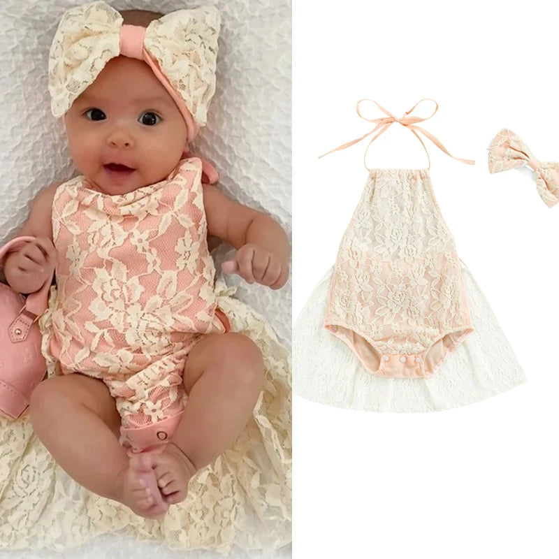 KMK - Sweet Floral Lace Sleeveless Romper + Headband