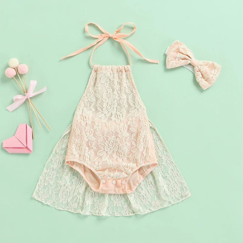 KMK - Sweet Floral Lace Sleeveless Romper + Headband