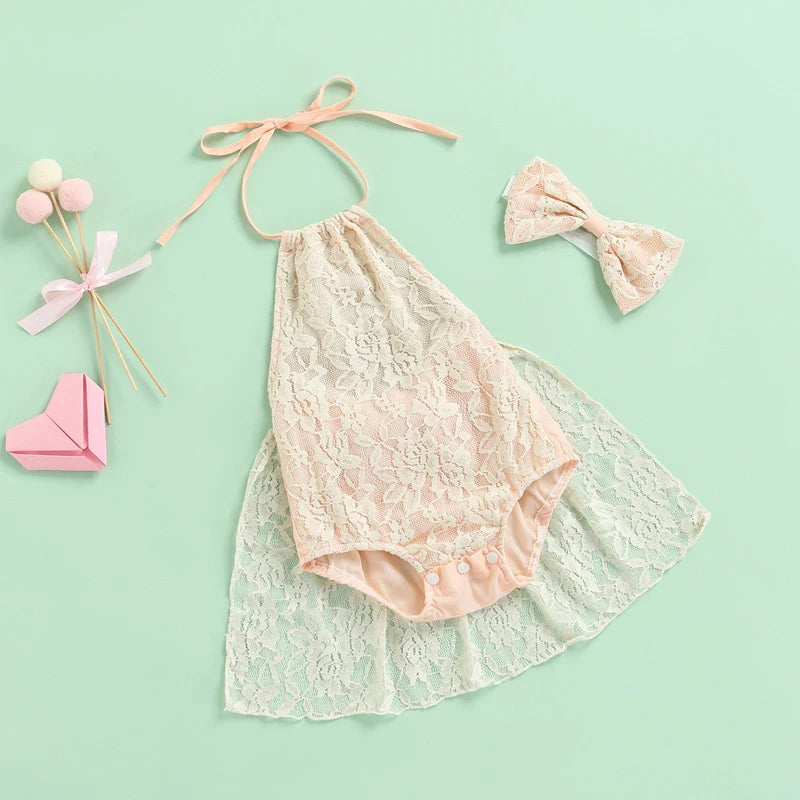 KMK - Sweet Floral Lace Sleeveless Romper + Headband