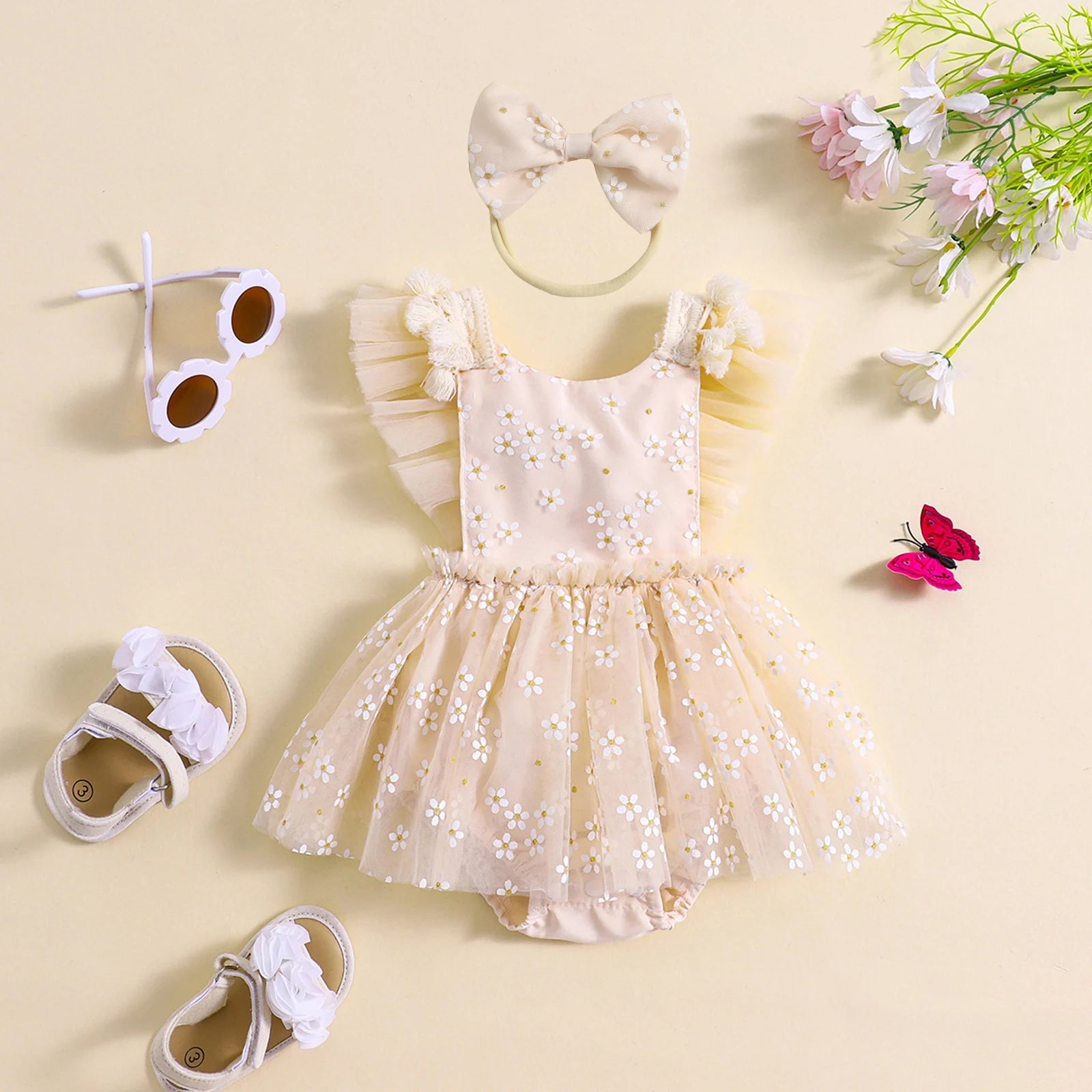 KMK - Tulle Daisy Romper Dress + Headband