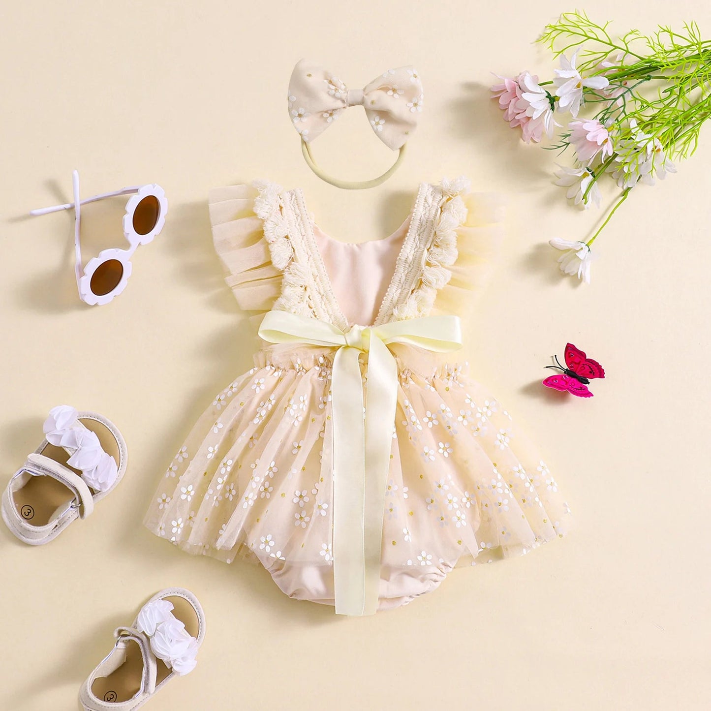 KMK - Tulle Daisy Romper Dress + Headband